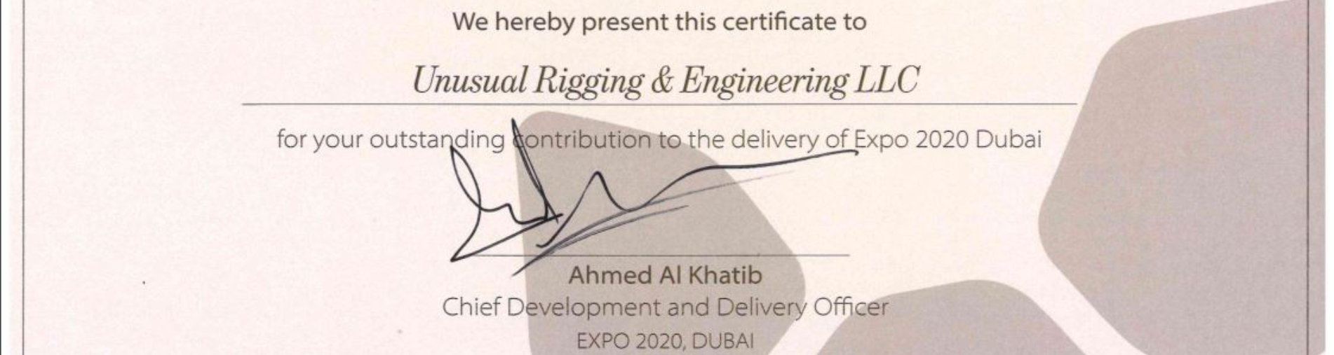 Unusual Rigging& Engineering wins EXPO 2020 Dubai Suppliers Awards!